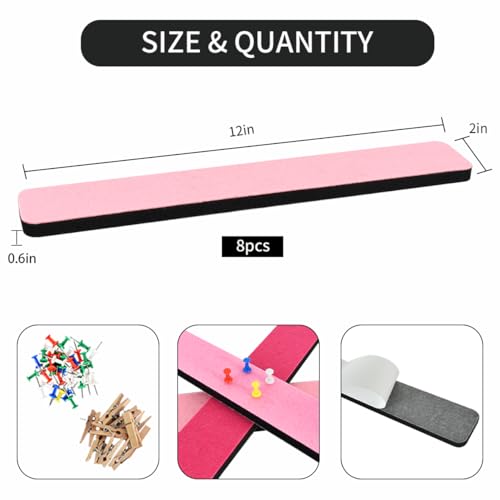Vuzvuv 8 pcs Bulletin Board Bar Strips with 50 Pushpins & 10 Wooden Clip pins，Self Adhesive Cork Board for Wall，Felt Pin Board for School，Office Decor(Multi-Pink) - color: Mixed Pink