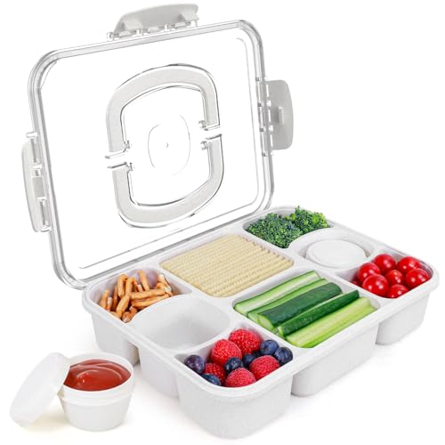 Large Snackle Box Container with 2 Sauce Cups, 8-Compartment Divided Serving Tray with Lid & Handle, Portable Snack Tray for Travel Picnic, Leak-Proof, Dishwasher Safe, BPA-Free - color: White