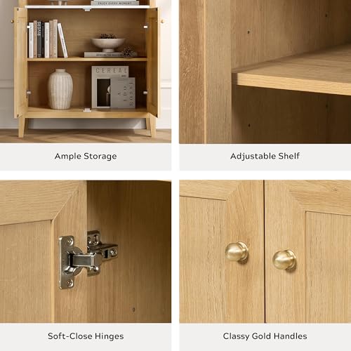 EYYTHUNG 71" Tall Arched Cabinet, 5-Tier Arched Bookcase Storage Display Cabinet with Faux Marble Tabletop, Modern Farmhouse Bookshelf Kitchen Pantry Cabinet for Living Room Home Office, Natural Oak - color: Natural Oak