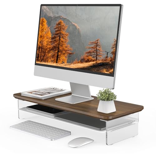 Fenge Acrylic Monitor Stand Riser, 23.6 Inches Monitor Stand with Metal Storage, 2 Tier Acrylic Computer Riser for Desk, Clear Laptop Stand for PC, Laptop, Printer, TV - color: Brown, size: 23.6in