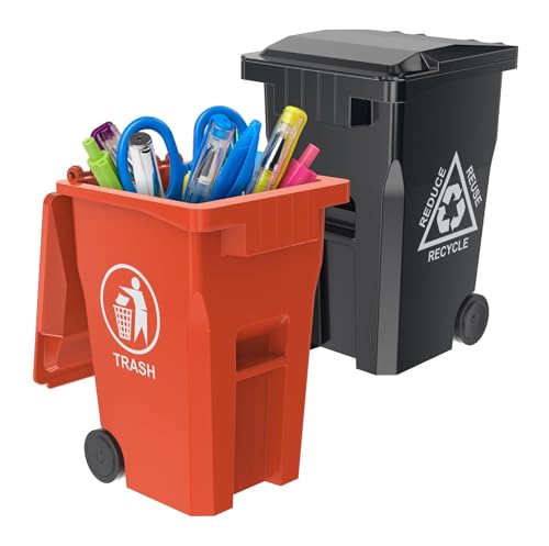 Wiosi Mini Garbage Trash Pen Holder for Desk and Tiny Recycle Bin Pencil Holder Black & Orange, Pack of 2 - Storage for Pencil & Pen | Office Stationery to Organize the Desk | Ideal for Student Work - color: Black-Orange, size: 5"