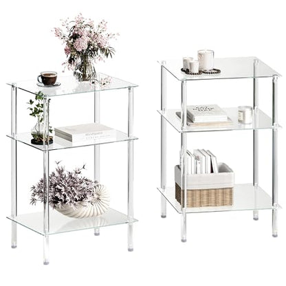 Tempered Glass Side Tables Set of 2 Acrylic End Table with 3 Storage Shelve transparent Bedside simplicity clear 3-Tier Nightstands small Spaces Office Bedroom Living Room Study Transparent ET-008TR3T - color: Transparent, size: 3 tier High