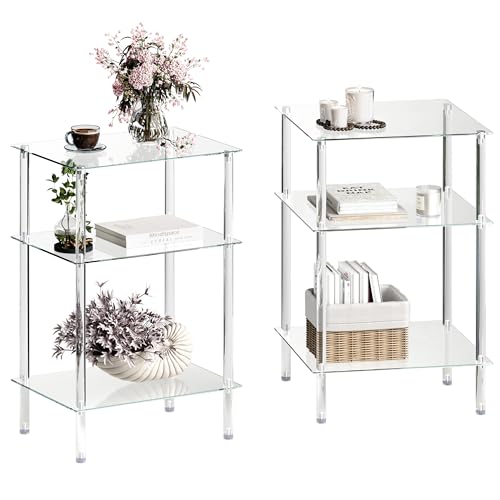 Tempered Glass Side Tables Set of 2 Acrylic End Table with 3 Storage Shelve transparent Bedside simplicity clear 3-Tier Nightstands small Spaces Office Bedroom Living Room Study Transparent ET-008TR3T - color: Transparent, size: 3 tier High