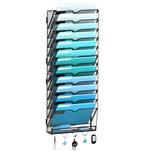 13 Tier Wall File Organizer - Hanging File Organizer with 5 Hooks, Mail Holder Wall Mounted for Papers, Folders, Magazines, Bills, Office&School Organization, Black - color: Black, size: 13 Tier