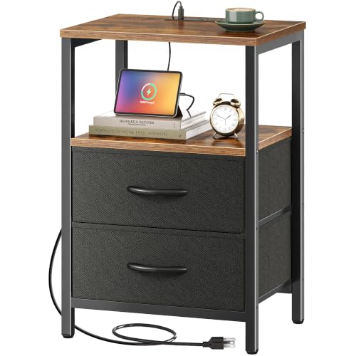 Huuger Nightstand with Charging Station, Side Table with Fabric Drawers, End Table with Open Shelf, Bedside Table with USB Ports and Outlets, Night Stand for Bedroom, Rustic Brown and Black - color: Rustic Brown and Black, size: 11.8"d X 15.7"w X 23.6"h (