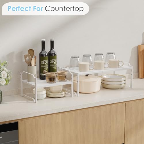 2 Pack 11” Depth Expandable Kitchen Cabinet Organizer Shelves, Heavy Duty Kitchen Countertop Organizers and Storage Rack, Stackable Metal Small Storage Shelf For Pantry Counter Cupboard Organization - color: White