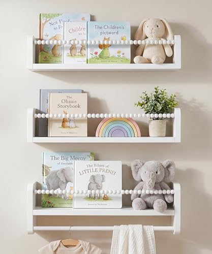 Nursery Book Shelves for Wall Set of 3, White Natural Wood Bookshelf Wall Decor, Small Floating Shelf Organizer for Kids Room, Bedroom, Kitchen Spice Rack - color: White, size: 16 inch