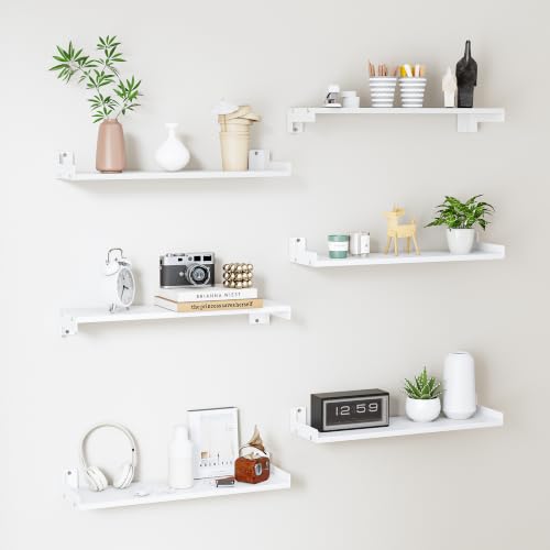 Floating Shelves for Wall, Shelves for Decor Storage Set of 6, Wall Mounted Wood Shelf for Bedroom, Living Room, Bathroom, Kitchen,Long Picture Ledge Shelves. (White) - color: White