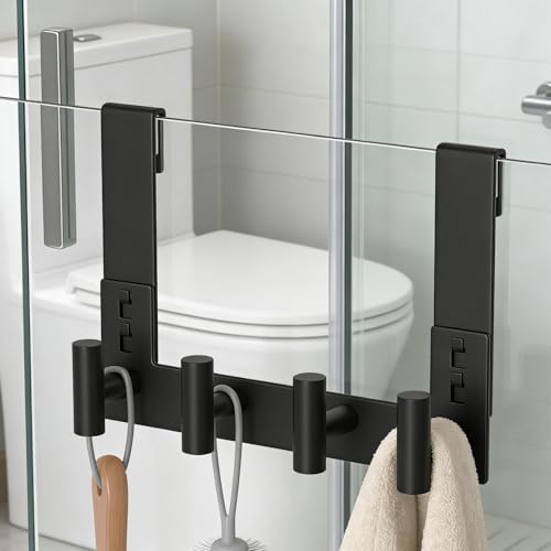 PMMASTO No-Drill Extra Long Shower Hooks, Fits 3/8" Thick Door, Heavy Duty Stainless Steel Towel Hooks for Frameless Glass Shower Door, Holds Bathrobe Towel (Black, 4 T-Hooks) - color: Black, size: 7.5 Inch-4 T-Hooks, Fits 3/8" Thick Door