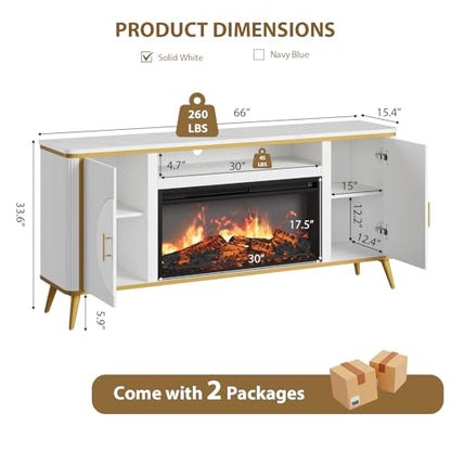 Fluted Fireplace TV Stand Up to 80" TVs, Modern Entertainment Center with 30" Electric Fireplace, Luxury Media Console with Adjustable Shelves for Living Room, White - color: White