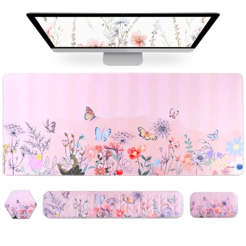 Petmolico Mouse Pad Set with Computer Keyboard Desk Pad,Mouse Pad with Wrist Rest,Typing Wrist Pad and Cup Coasters,Ergonomic Design for Typing Pain Relief【Pink,Wild Flowers】 - color: Pink