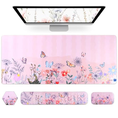 Petmolico Mouse Pad Set with Computer Keyboard Desk Pad,Mouse Pad with Wrist Rest,Typing Wrist Pad and Cup Coasters,Ergonomic Design for Typing Pain Relief【Pink,Wild Flowers】 - color: Pink