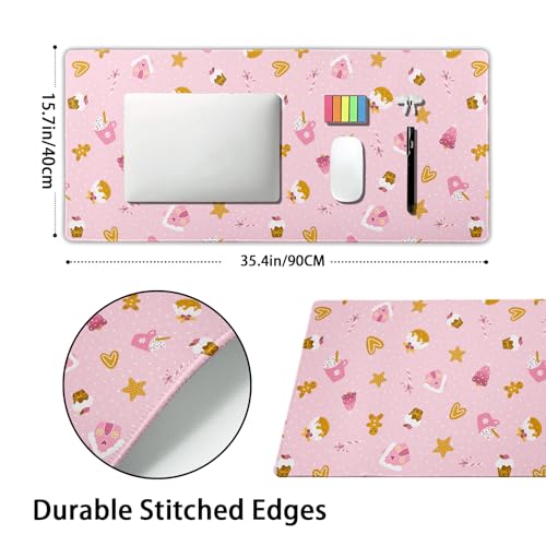 Pink Christmas Gaming Mouse Pad XXL Cute Kawaii Cupcake Gingerbread Extended Big Large Desk Mat Non-Slip Rubber Base Stitched Edge Xmas Holiday Keyboard Mousepad for Computer Laptop,35.4×15.7 Inch - color: Pink Christmas, size: XX-Large