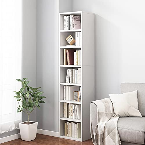 IOTXY Small Narrow Corner Bookcase - 59 Inches Tall Gap Freestanding Storage Cabinet, 7 Lattices Open Shelves Tower Rack, Cubes Bookshelf in White - color: White, size: 7-Cubes without Door