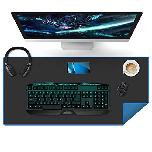 Large Gaming Mouse Pad(35.4x15.7x0.16in), Black Thick Computer Extended Mousepad for Laptop, 35% Larger Smooth Keyboard Mat with Non Slip Blue Rubber Base, Desk Pad with Durable Stitched Edges - color: Exclusive Blue Rubber Base