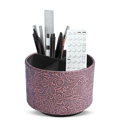 lizimandu Round Leather Art Supply Organizer,Remote Control Holder,360 Degree Spinning,Multi-Functional Pencil Holder,4 Compartments Desktop Stationary Organizer(1-Carved Cooper Red) - color: 1-Carved Cooper Red