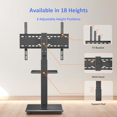 Rolling TV Stand, Mobile TV Cart for 32-75 Inch TVs up to 110 lbs, 18 Adjustable Heights, TV Floor Stand with Swivel Mount & Shelf, Max VESA 600x400mm, TV Stand on Wheels for Bedroom, Office, Outdoor - style: 2-GM-A02