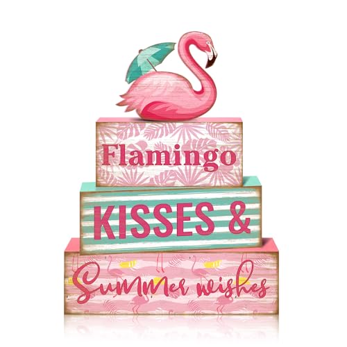 Britimes 4 Pcs Summer Wooden Tiered Tray Decorations Set, Pink Flamingo Stack Block Signs Summer Parasol Farmhouse Rustic Table Decor for Home kitchen Office Decorations (Flamingo Style) - style: Flamingo