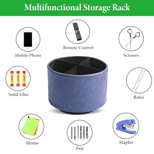 Round Leather Art Supply Organizer,Remote Control Holder,360 Degree Spinning,Multi-Functional Pencil Holder,4 Compartments Desktop Stationary Organizer(1-Carved Dark Blue) - color: 1-Carved Dark Blue