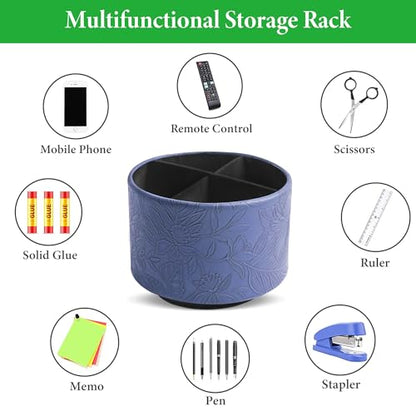 Round Leather Art Supply Organizer,Remote Control Holder,360 Degree Spinning,Multi-Functional Pencil Holder,4 Compartments Desktop Stationary Organizer(1-Carved Dark Blue) - color: 1-Carved Dark Blue