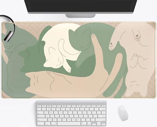 Cute Sleeping Cats Desk Mat Matcha Green Desk Pad, Minimalist Boho Mouse Pad XXL, Cream Tan Gaming Deskmat, Large Kawaii Keyboard Mat, Fun Office Decor Desk Accessories for Women 31.5"x15.75" - color: Cartoon Cat
