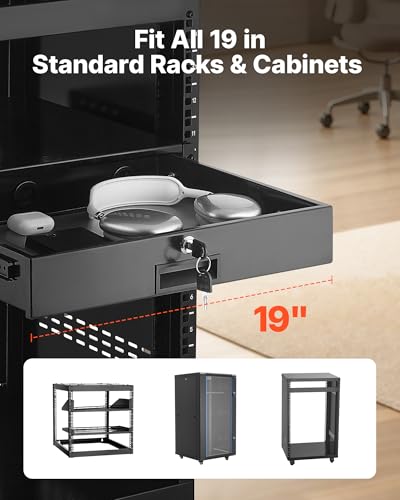 VEVOR 2U Rack Drawer, Lockable Server Cabinet Case, 13.8'' Depth Server Rack Mount Drawer, for 19'' Network Equipment/DJ/AV Rack or Cabinet Enclosure, 50 lbs Max Load, with Cable Management Holes - size: 2U