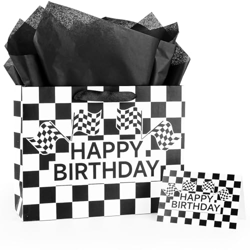 LERCTH Racing Car Happy Birthday Bag Black Grid Gift Bags Paper Tote Bag with Handles Gifts Wrap Paper Reusable Birthday Gift's Bag for Men Women Boys Teenager Soccer Boy - color: Checkered Racing gift bag, size: 1 count (Pack of 1)