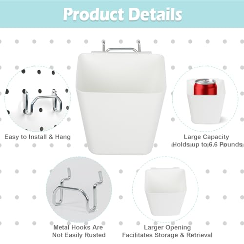 8 Pack Large Pegboard Bins with Hooks, Square Box Shape Peg Board Cups and Peg Board Accessories for Craft Room, Playroom, Office, Garage, and Wall Mount Organization (White) - color: White