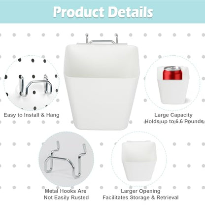 8 Pack Large Pegboard Bins with Hooks, Square Box Shape Peg Board Cups and Peg Board Accessories for Craft Room, Playroom, Office, Garage, and Wall Mount Organization (White) - color: White