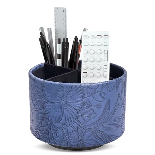 Round Leather Art Supply Organizer,Remote Control Holder,360 Degree Spinning,Multi-Functional Pencil Holder,4 Compartments Desktop Stationary Organizer(1-Carved Blue) - color: 1-Carved Blue