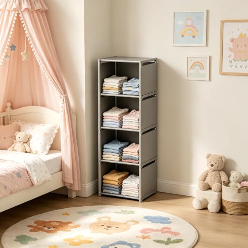 RIIPOO Book Shelf, 4-Cube Storage Organizer, Metal & Fabric Bookcase for Small Spaces, Bedroom, Living Room - style: 4-Cube