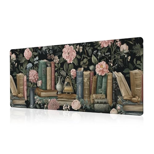 Floral Books Desk Mat Reading Desk Pad Mouse Mat XL, Colorful Mouse Keyboard Pad Flower Bookshelf Desktop Mat, Long Computer Mats Aesthetic Desk Accessory Reader's Home Decor 31.5x11.8 - color: Enchanted Bookshelf