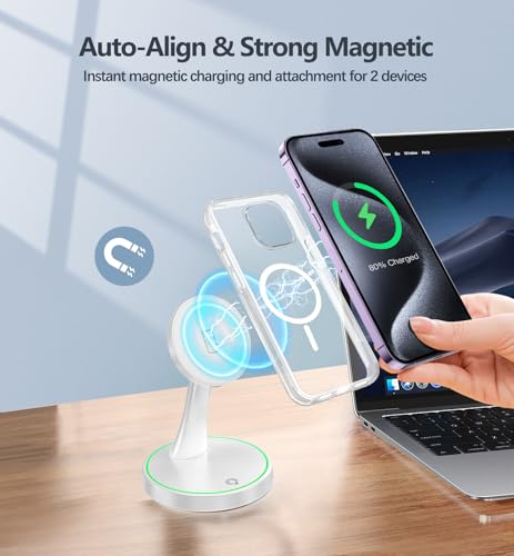 Magnetic Wireless Charger Stand 15W Fast Mag-Safe Charger for iPhone 17 /17 pro/ 17 Air/ 17 pro max 16/15/14/13/12 Series Magnet Wireless Charging Station/Pad with Sleep-Friendly Light for AirPods - color: Magnetic White