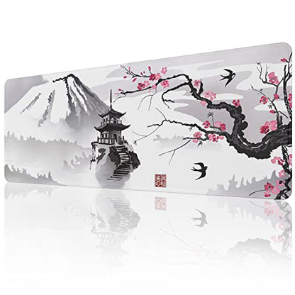 ETZ Japanese Cherry Blossom Mouse Pad (31.5 × 11.8 × 0.12 inch) Extended Large Mouse Mat Desk Pad, Stitched Edges Mousepad,Non-Slip Rubber Base,Gaming Mouse Pad - color: Ink Drawing Mouse Pad - 1