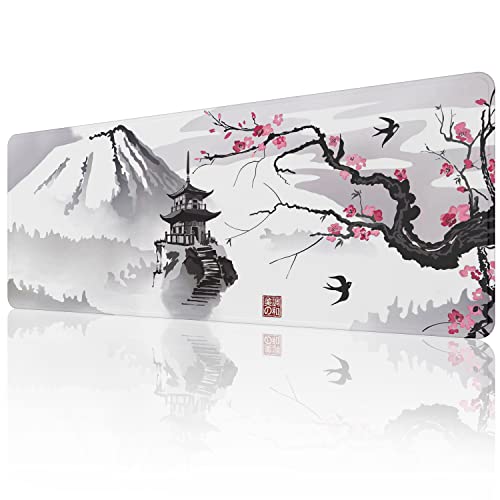ETZ Japanese Cherry Blossom Mouse Pad (31.5 × 11.8 × 0.12 inch) Extended Large Mouse Mat Desk Pad, Stitched Edges Mousepad,Non-Slip Rubber Base,Gaming Mouse Pad - color: Ink Drawing Mouse Pad - 1