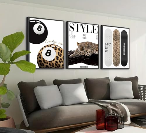 3Pcs Black Framed Trendy Leopard Wall Art Preppy Aesthetic Stylish Leopard Painting Picture Wall Decor Funky Lucky 8 Ball Cheetah Poster Print Artwork for Bedroom Living Room Bathroom Home Decoration - color: Framed, size: 24"L x 16"W