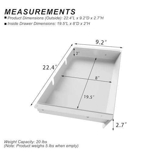 White Large Under Desk Mounted Sliding Drawer with 2 Cable Hole and 60 Degree Tilt Panel to Pull Out, 22.4'' Long & 9.2'' deep Large Storage Organizer for Sit Stand Workstation - color: White, size: L