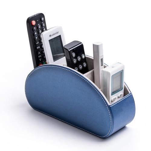 Remote Control Holders Organizer Box with 5 Compartment PU Leather Caddy | Multi-functional Office Desk Storage Caddy Store Tv Remote for Media Player,Brush,Pencil,Glassees&Office Supplies - color: Champagne Blue, size: S