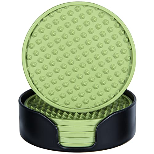Coasters for Drinks 6 Pcs Plastic Coaster with Holder,Heat Resistant Silicone Cup Mat Tabletop Protection,Non-Slip Rubber Coasters for Kinds of Cups (Green) - color: Green-plastic Holder