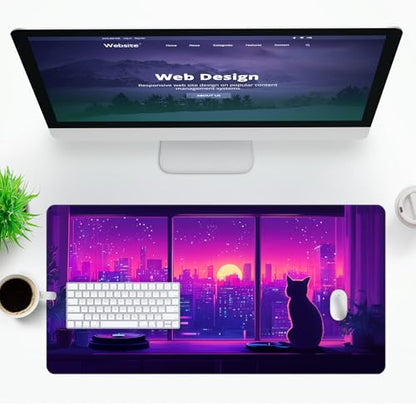 VNDL Large Kawaii Cat Gaming Mouse Pad – Cute Japanese Lofi Anime Desk Mat, Purple XXL Extended Mousepad for Office & Laptop, Waterproof, Non-Slip, Stitched Edges, 31.5 x 15.7 in - color: Purple, Black