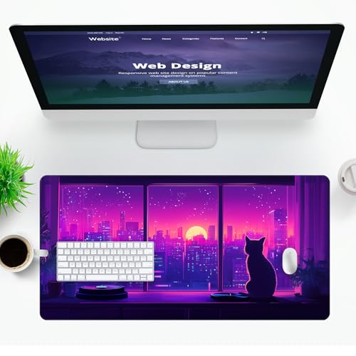 VNDL Large Kawaii Cat Gaming Mouse Pad – Cute Japanese Lofi Anime Desk Mat, Purple XXL Extended Mousepad for Office & Laptop, Waterproof, Non-Slip, Stitched Edges, 31.5 x 15.7 in - color: Purple, Black