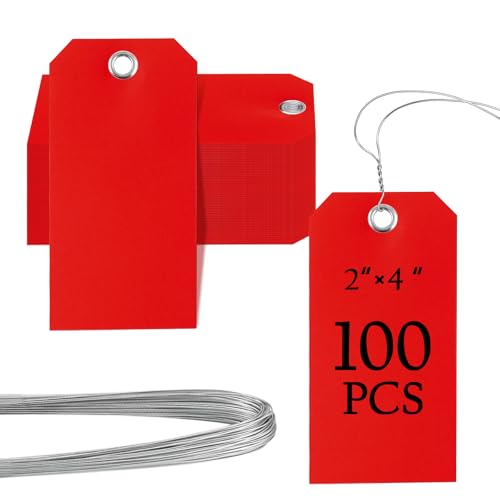 100 Pieces 2x4 inch Plastic Shipping Tags with Wires Heavy Duty Hang Tags with String Waterproof Labeling Tags with Reinforced for Gift Luggage Garage Inventory (red) - color: Red