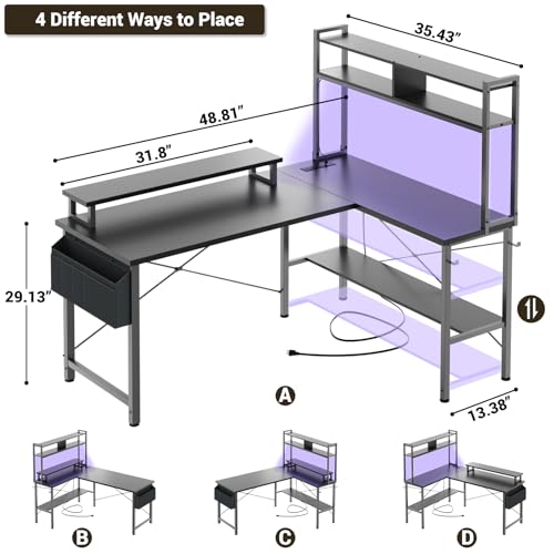 Aheaplus L Shaped Gaming Desk with Power Outlets & LED Lights, Small L- Shaped Desk Computer Corner Desk with Monitor Stand & Storage Shelf, Home Office Desk Writing Desk with Storage Bag, Black - color: Black