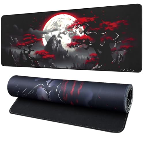 FreeNook Large Gaming Mouse Pad, Anime Black Mousepad with with Non-Slip Base, Expanded Cool Desk Mat, Mountain Moon Scenery XL Keyboard Mat Suitable for Home Office,35.4 X 15.7 Inch - color: Trees Mountains, size: 35.4L x 15.7W inches