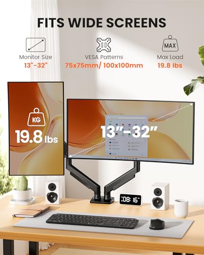 ErGear Dual Monitor Arm, Full Adjustable Monitor Mount for 13–32″ Screens, Fast Install Computer Monitor Stand with Tool-Free VESA Mount, Max Load 19.8 lbs, Max VESA 100x100mm - size: 13"-32", style: Dual Arms