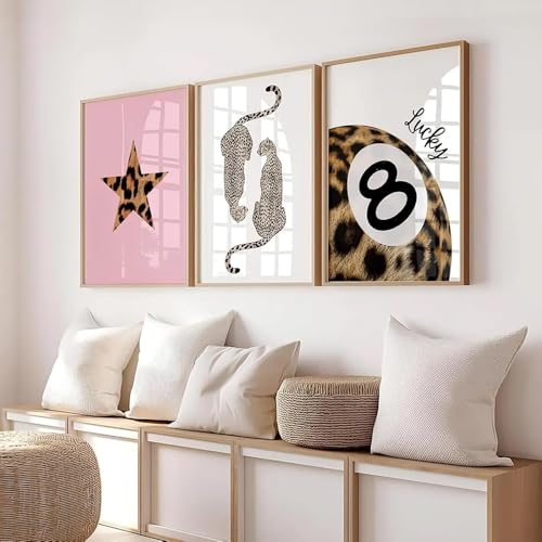 Set of 3 Preppy Cheetah Wall Art Trendy Pink Leopard Canvas Prints Star Lucky 8 Ball Posters Aesthetic Wall Decor Pictures for Girly Bedroom Apartment Dorm Unframed 12x16in