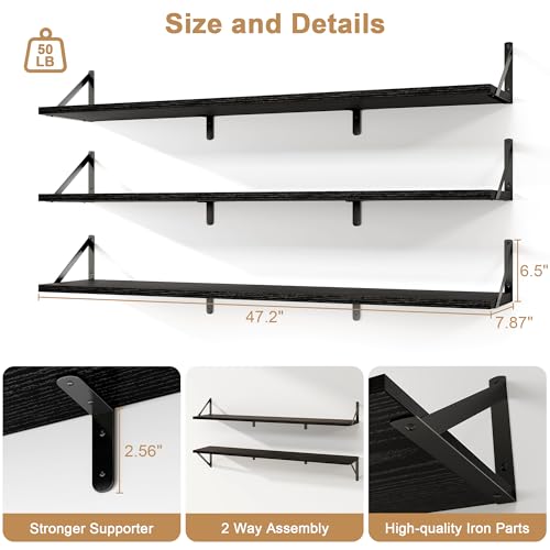 Fun Memories Extra Long Floating Wall Shelves, 48 x 8 Inches, Set of 3 Large Wood Floating Bookshelves with Metal Brackets for Storage & Display (Black) - color: Black, size: 48"W x 8"D