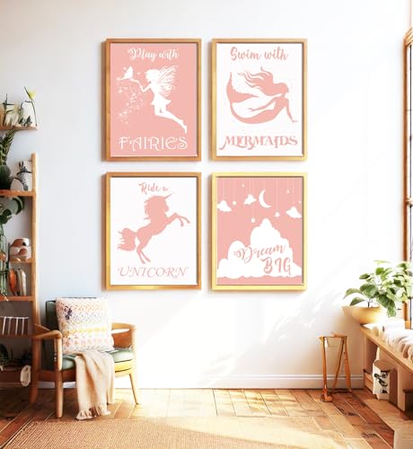 Play With Fairies Ride A Unicorn Swim With Mermaids Dream Big Quotes for Girl's Bedroom Empowerment, Nursery Wonder, Playroom Adventure, Birthday Party Pink Room Accent, Young Dreamer Surprises, Birthday Magic Gifts - 8x10 Unframed Glossy Print Set - styl