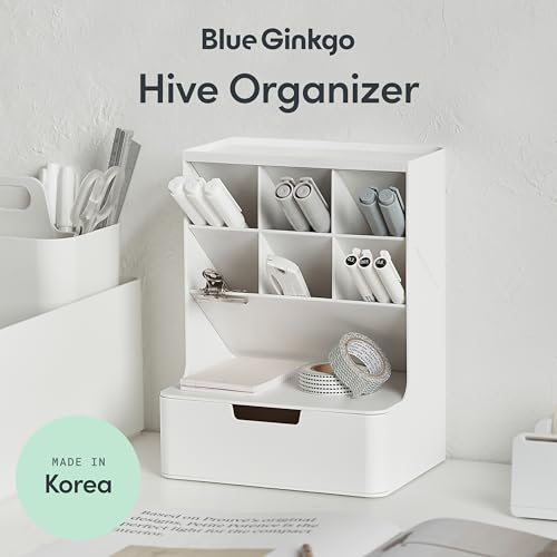 BLUE GINKGO Hive Desk Organizer – Vertical 6-Compartment, Full-drawer Storage – Space-Saving Pen Holder, Stationery Storage – Organizer for Office, School Supplies, Makeup (Made in Korea, White) - color: WHITE, size: Hive