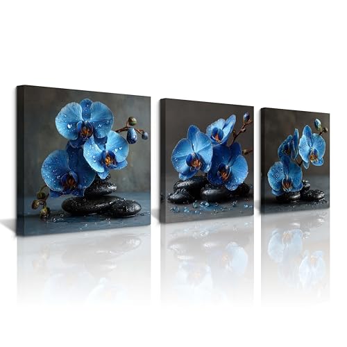 NAN Wind 3PCS Blue Orchid Flower Wall Art Zen Spa Stones Canvas Print Water Droplets Floral Still Life Artwork Tranquil Botanical Modern Bathroom Bedroom Meditation Decor for Home Spa Office - color: Blue Orchid, size: 14X14inchX3pcs